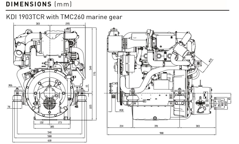 Dimensioni motore Lombardini Marine Kohler KDI 1903TCR M